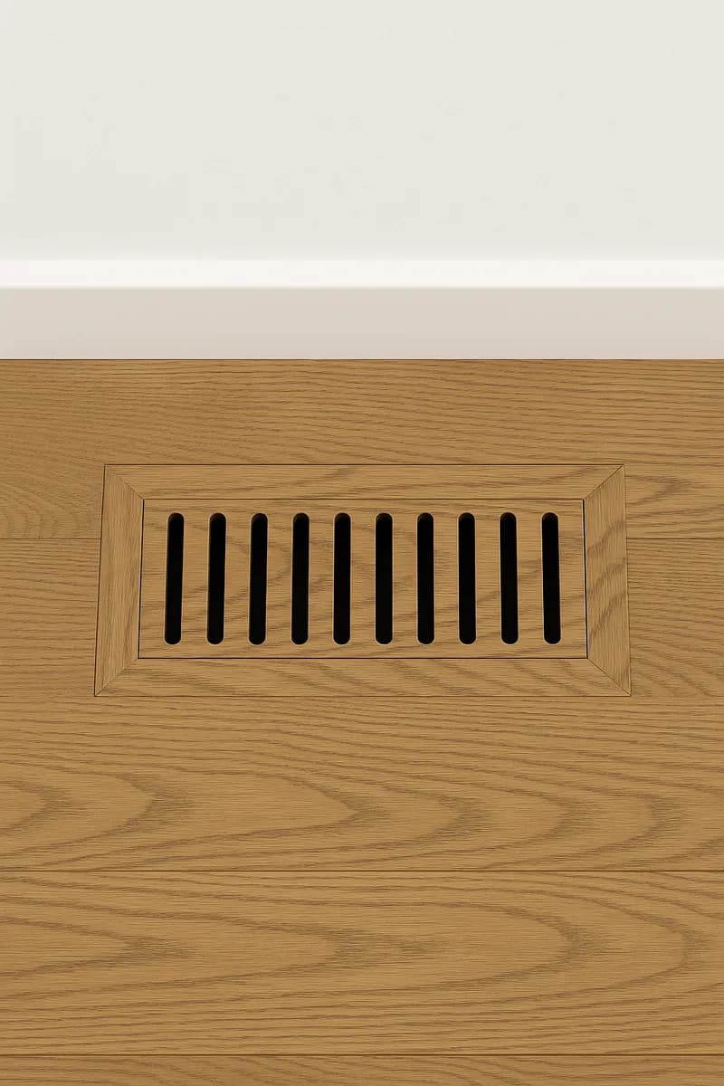 A flush floor vent cut from oak flooring, sitting level with the surrounding boards.