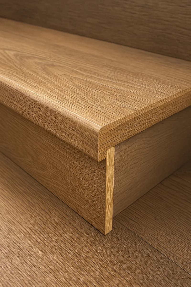 A flush stair nosing in oak, forming a continuous surface with the tread.