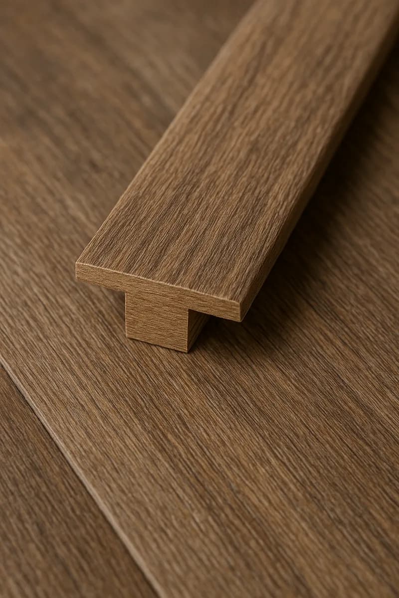 A T-molding in oak, showing the profile that covers an expansion gap.